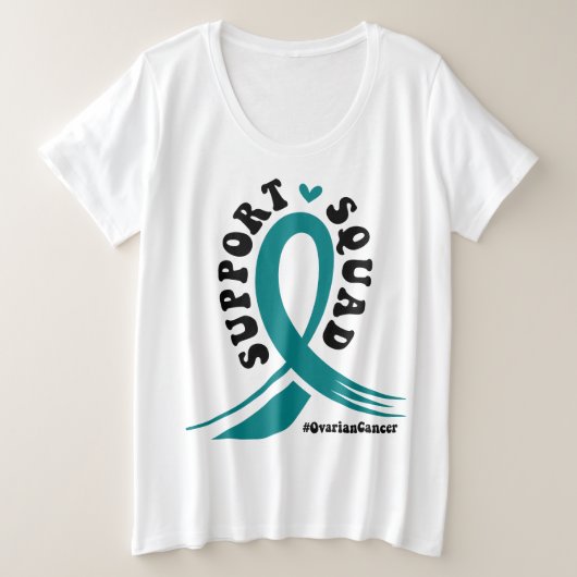 卵巣がんの闘いを支援するティール（緑がかった色） プラスサイズTシャツ (デザイン正面)