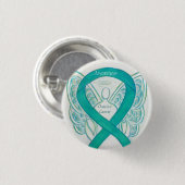 卵巣がんティール（緑がかった色）認識度リボンエンジェルピン 缶バッジ (正面&裏面)