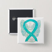 卵巣がんティール（緑がかった色）認識度リボンエンジェルピン 缶バッジ (正面&裏面)