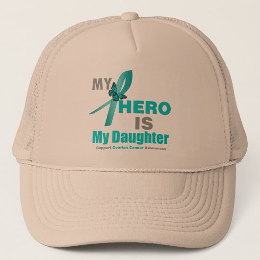 卵巣がん私のヒーローは私の娘のティール（緑がかった色）リボン キャップ (正面)