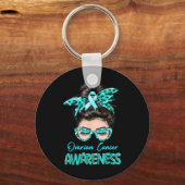 卵巣がん認識度めちゃまんティール（緑がかった色）リボン キーホルダー (正面)