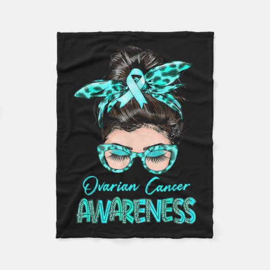 卵巣がん認識度めちゃまんティール（緑がかった色）リボン フリースブランケット (正面)