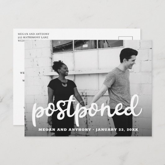 厚いモダン台本の写真結婚の延期 案内ポストカード (正面/裏面)