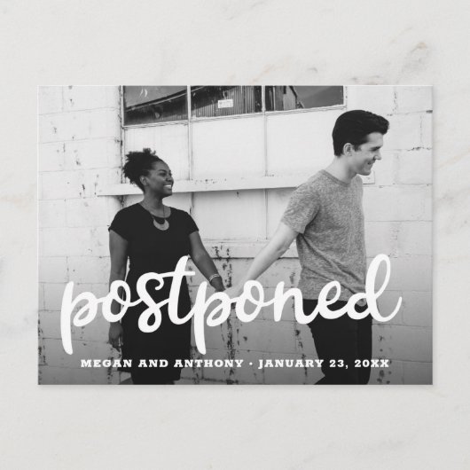 厚いモダン台本の写真結婚の延期 案内ポストカード (正面)