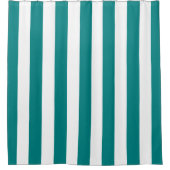 厚い垂直ストライプティール(緑がかった色)と白ストライプの シャワーカーテン (正面)