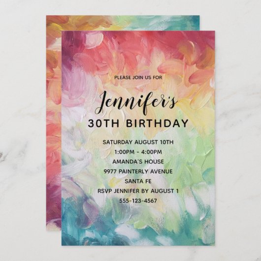 厚カラフルい抽象芸術絵を描誕生日パーティー 招待状 (正面/裏面)