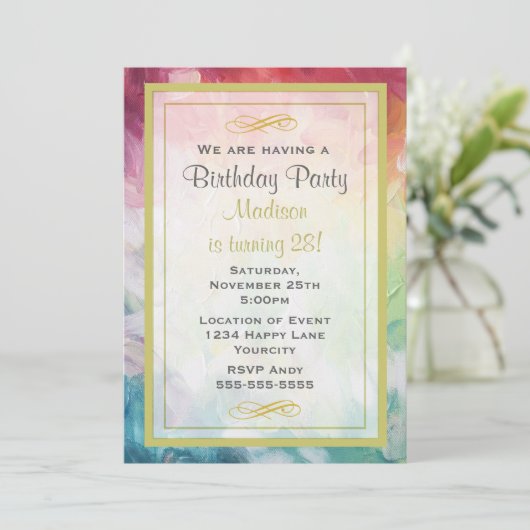 厚カラフルい抽象芸術絵を描誕生日パーティー 招待状 (スタンド正面)