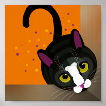 厚紙の箱をのぞき込む幾何学模様の黒猫