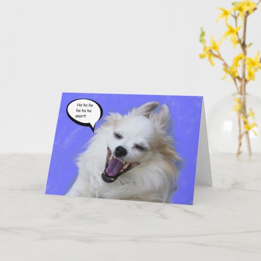 原因のための焦点による笑う長い毛のチワワ カード (黄色い花)