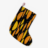 原子スタイル、黒オレンジ色の幾何学的パターン。 スモールクリスマスストッキング (正面 (吊り時))