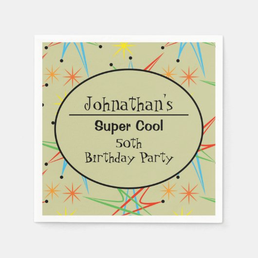 原子スターバスト数々のレトロ色パーソナライズされた スタンダードカクテルナプキン (正面)