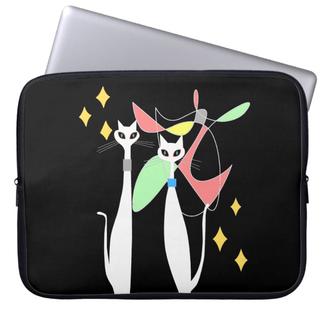 原子時代の世紀半ばのモダンのカッコいい猫の可動装置 ラップトップスリーブ (正面)