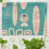 原子時代の刺激を受けたな魚の芸術のティール（緑がかった色） キッチンタオル (折り畳み)