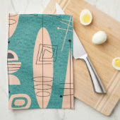 原子時代の刺激を受けたな魚の芸術のティール（緑がかった色） キッチンタオル (四つ折り)