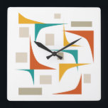 原子時代の幾何学的なコーナー世紀中頃 スクエア壁時計<br><div class="desc">このポップ・アートのミッドセンチュリー時計で壁に色ファンキーを追加モダン!ティール（緑がかった色）ブルー、焦げオレンジ、タン、イエローオレンジの幾何学的な形状のおもしろい色を特徴とする。</div>