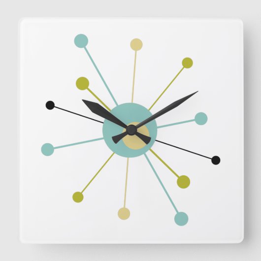 原子時代スターバストミッドセンチュリーモダン スクエア壁時計 (正面)