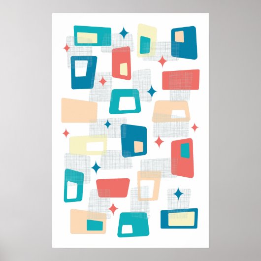 原子時代ミッドセンチュリーモダンブロックブルーピーチ ポスター (正面)
