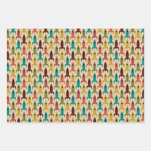 原子時代レトロロケットと中モダンスターバスト ラッピングペーパーシート (正面2)