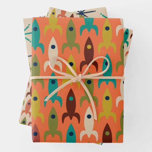 原子時代レトロロケットと中モダンスターバスト ラッピングペーパーシート (インサイチュ)