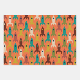 原子時代レトロロケットと中モダンスターバスト ラッピングペーパーシート