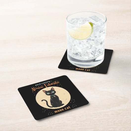 原子未来的な黒猫の月と文字 スクエアペーパーコースター (インサイチュ)