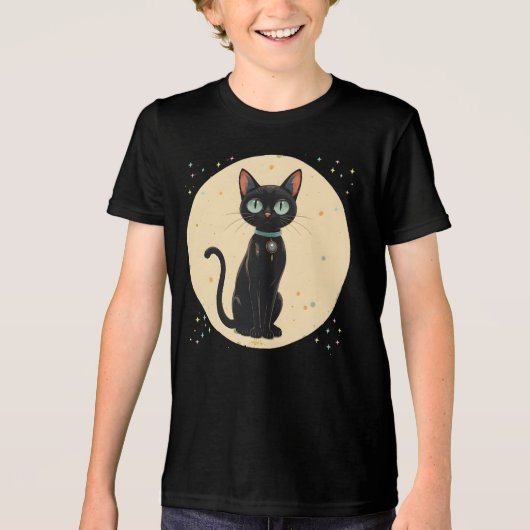 原子未来的な黒猫の月 トライブレンドTシャツ (正面)