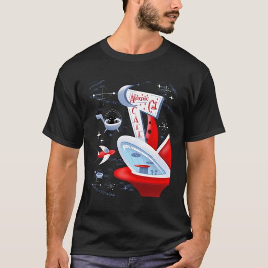 原子猫カフェ未来的な宇宙港ミッドセンチュリー Tシャツ (正面)