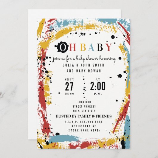 原発筆跡抽象芸術ユニセックスOhベビーシャワー 招待状 (正面/裏面)