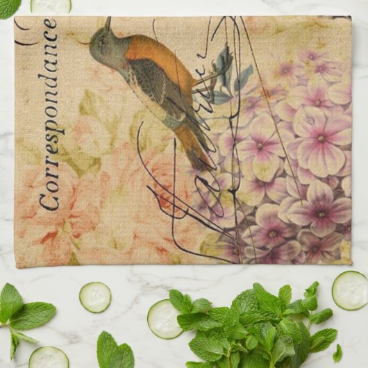 原稿のアジサイのフランスのな鳥のパリエッフェル塔 キッチンタオル (折り畳み)