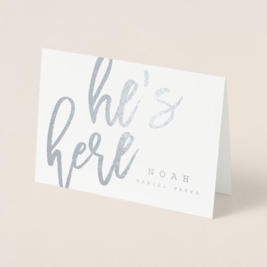 原稿のフォント彼は誕生の発表カードここにいます 箔カード (正面)