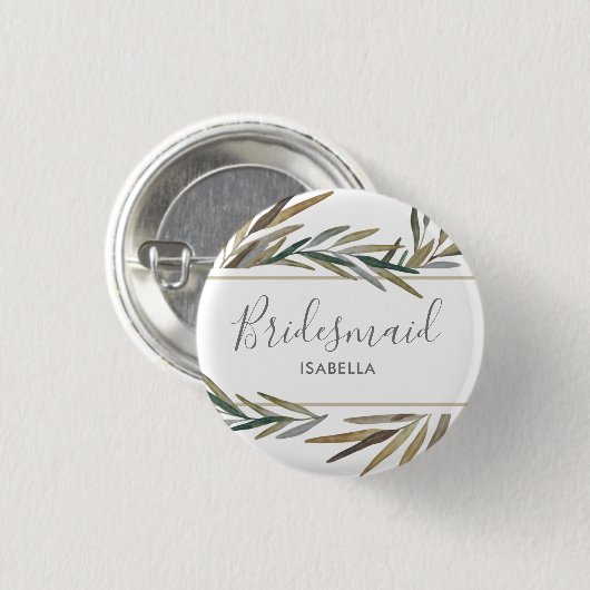 原稿の水彩画の素朴でシックな結婚式の新婦付添人 缶バッジ (正面&裏面)
