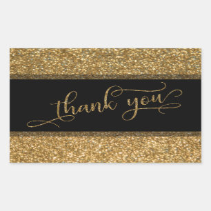 原稿、金ゴールドのグリッターのボーダー及び文字ありがとう 長方形シール