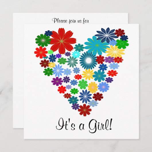 原色の花のハートのベビーシャワーの招待状 招待状 (正面/裏面)