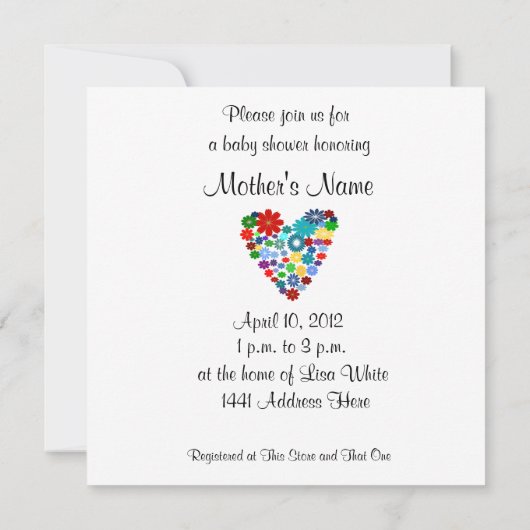 原色の花のハートのベビーシャワーの招待状 招待状 (裏面)