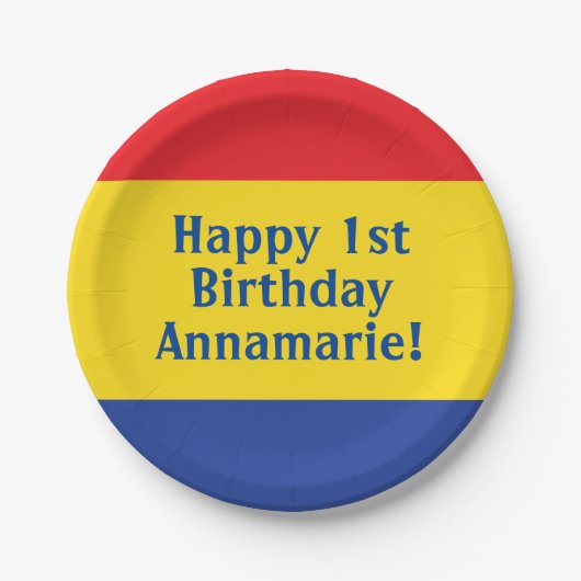 原色レッドイエローブルー1st誕生日パーティー ペーパープレート (正面)