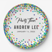 原色紙吹雪振りかける誕生日パーティー ペーパープレート (正面)