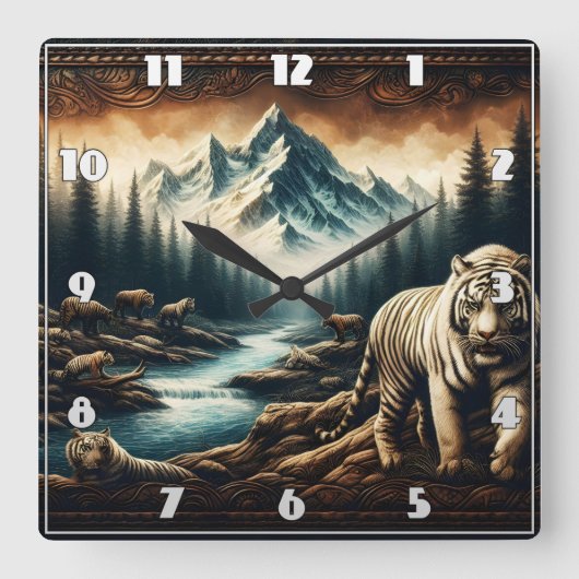 原野の渓流に近いベンガルタイガース スクエア壁時計 (正面)