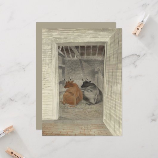 厩舎に2頭の牛（Eric Ravilious著） カード (正面/裏面インサイチュ)