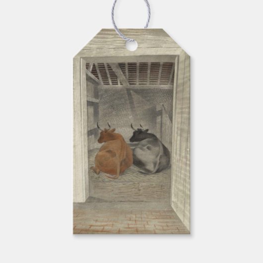 厩舎に2頭の牛（Eric Ravilious著） ギフトタグ (正面)