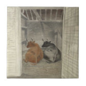 厩舎に2頭の牛（Eric Ravilious著） タイル (正面)