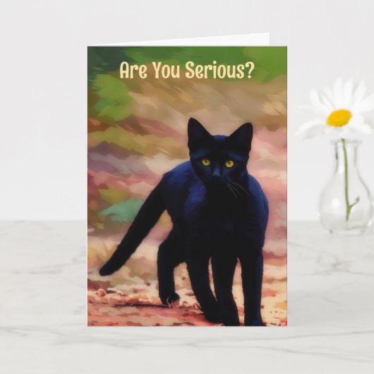 厳しい顔の黒猫 楽しいパロディ 誕生日カード カード (小さな植物)