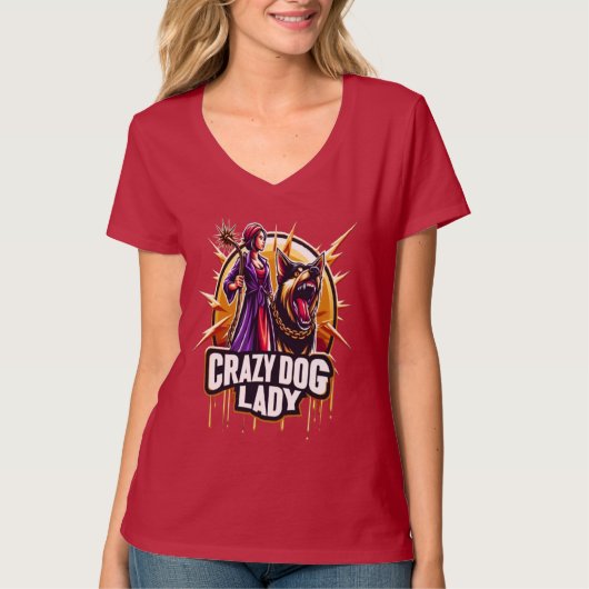 厳し熱狂するい看守の犬を連れた犬の女性 Tシャツ (正面)
