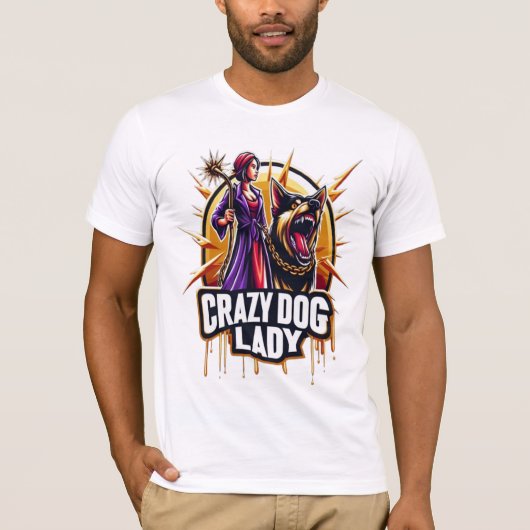 厳し熱狂するい看守の犬を連れた犬の女性 Tシャツ (正面)