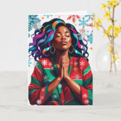 厳粛で穏やかなクリスマスブラック祈女性 カード (黄色い花)