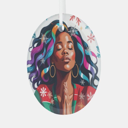 厳粛で穏やかなクリスマスブラック祈女性 ガラスオーナメント (正面左)