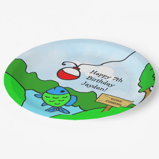 去った魚釣り少年の誕生日パーティー ペーパープレート (アングル)