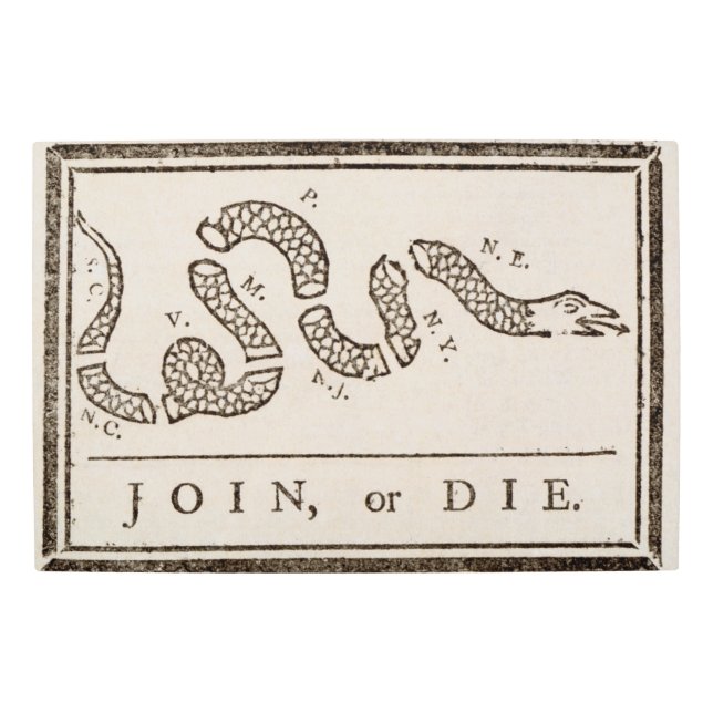 参加または死ぬラトルズナケ：漫画ベンジャミンフランクリン メタルプリント (正面)