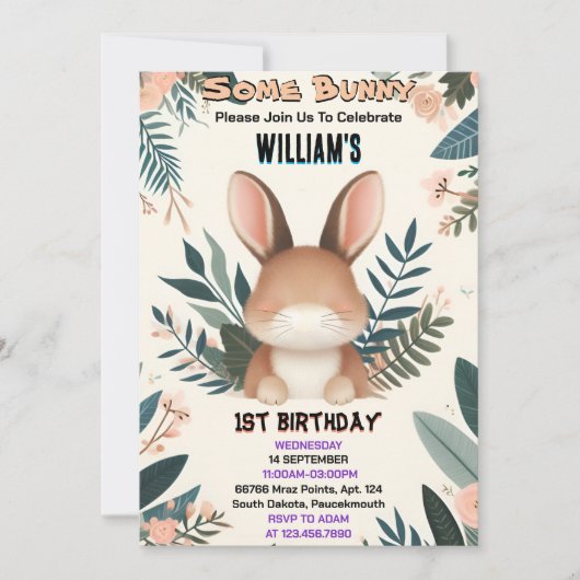参加自然いくつかのバニーが1歳の誕生日を回している 招待状 (正面)
