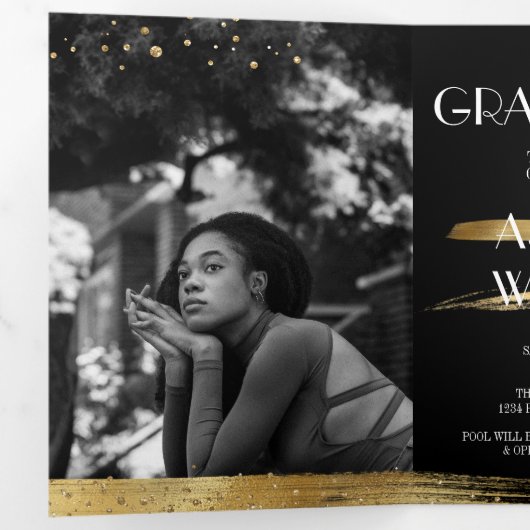 及びエレガントおもしろい金ゴールド卒業三倍招待状 三つ折りプログラム (内部最初)