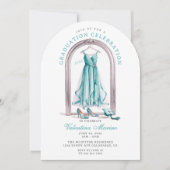 及びエレガントお洒落ティール(緑がかった色)ドレス卒業 招待状 (正面)